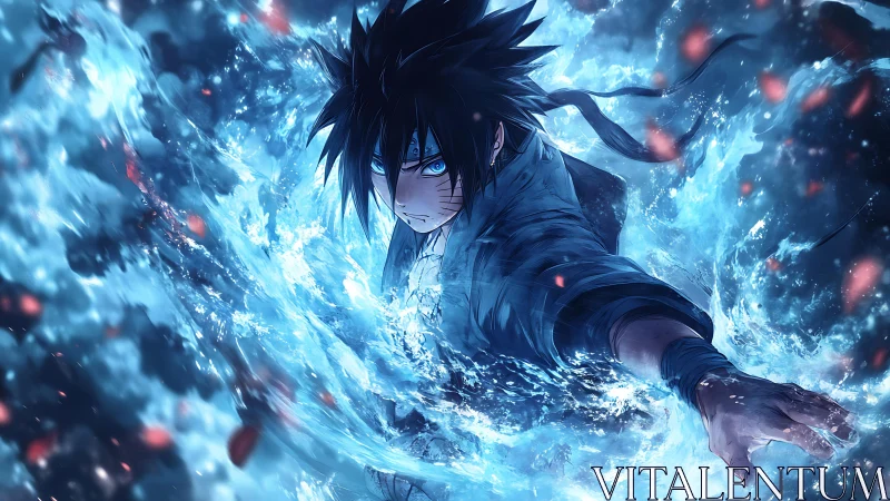 Storm-lit warrior diving through swirling blue water magic.