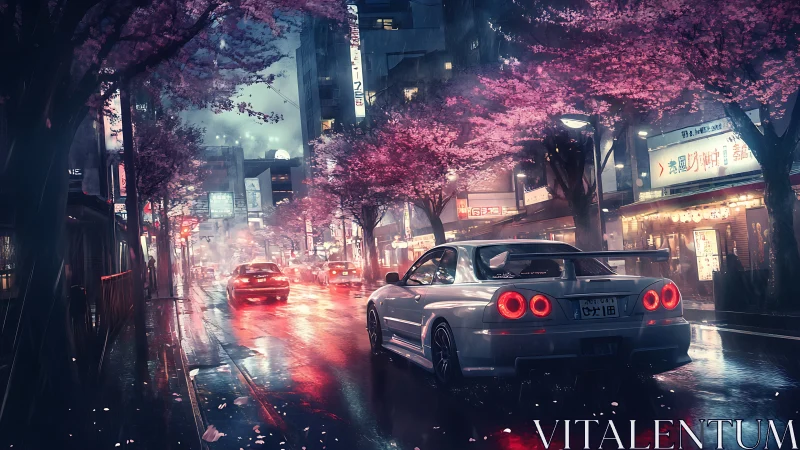 Neon raindrift skyline with cherry bloom midnight street race.