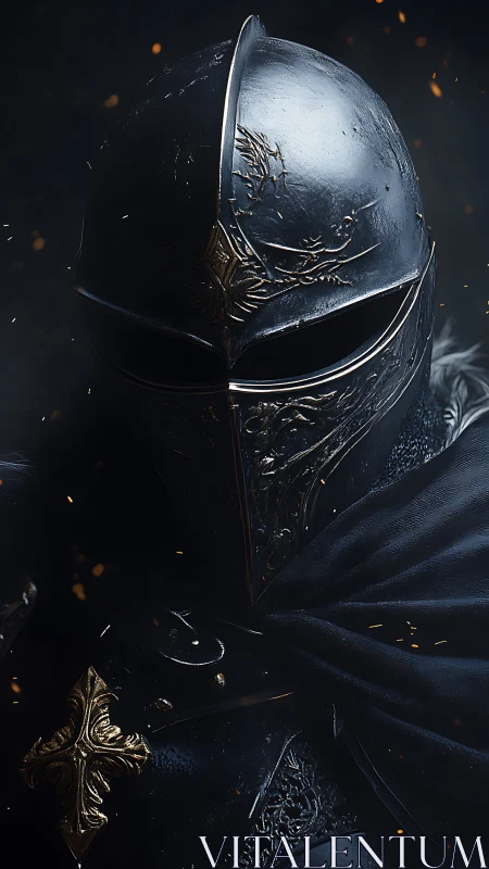 Dark armored knight stands in embers and shrouded mystery