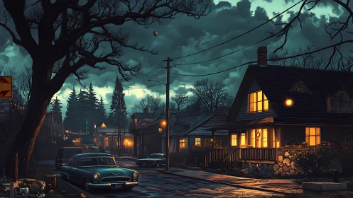 Warm village windows glow gently against a stormy night