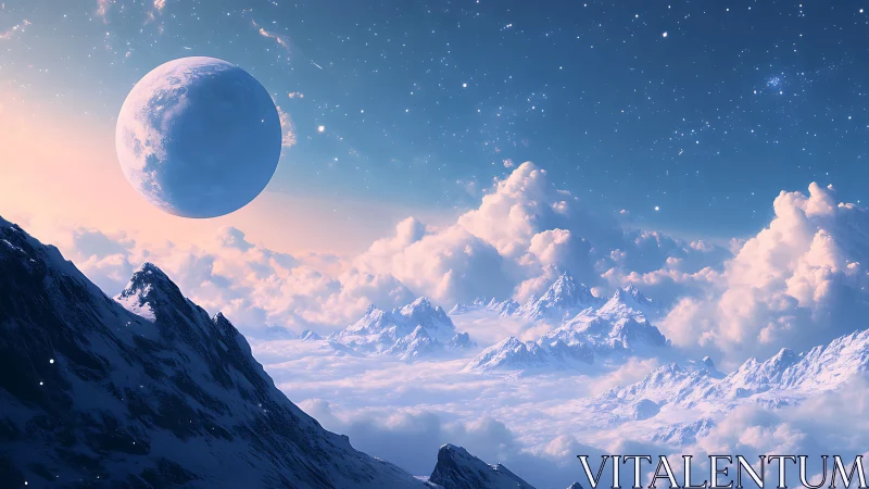Frozen alien mountains under vast moonlit sky panorama.