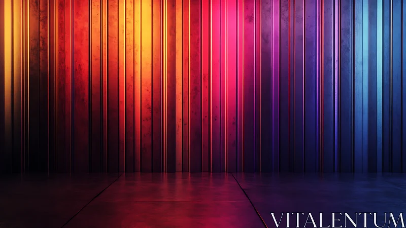 Chromatic metal wall with neon vertical gradient lighting.