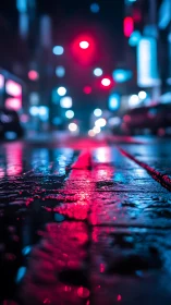 Neon city street reflects blurred lights on wet pavement