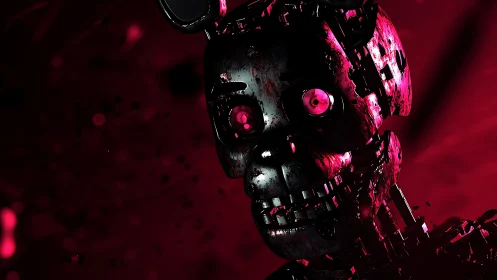 Corroded animatronic endoskeleton under crimson rim lighting.