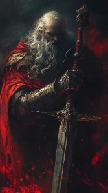 Weathered warrior stands guard with a flame-hued blade.