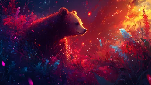 Digital bear profile rendered in saturated forest lighting