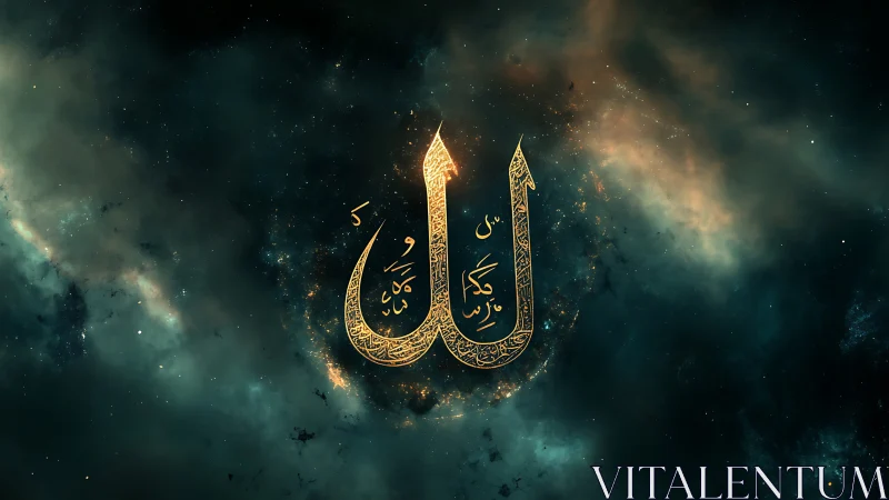 Arabic calligraphy motif set against nebula-like background.