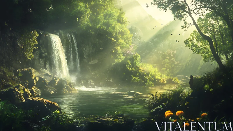 Sunlit forest waterfall and tranquil reflective pool scene.