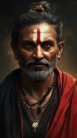 Hyper-detailed portrait of ascetic elder with tilak and layered textiles