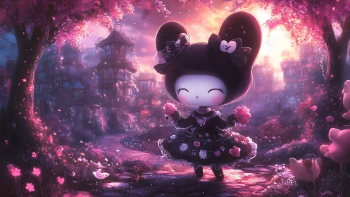 Chibi gothic girl wanders a glowing cherry blossom village