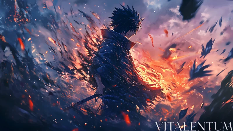 Sword-wielding figure amid fiery and dark swirling debris.