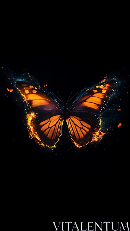 High-contrast fiery butterfly with luminous particle trails on black