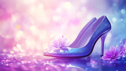Blue high heels with flowers on soft bokeh background.