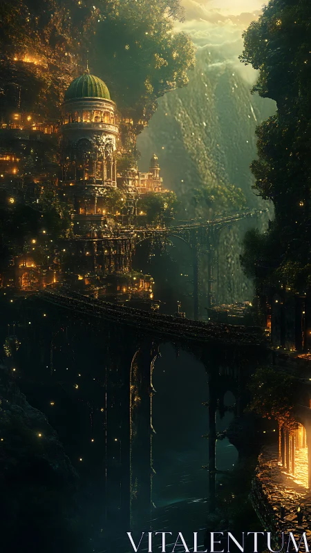 Vertical forest city with domed tower and elevated bridges.