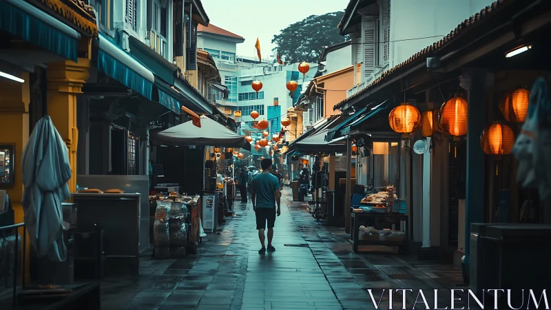 Man walking through narrow lantern-lit street at dusk.