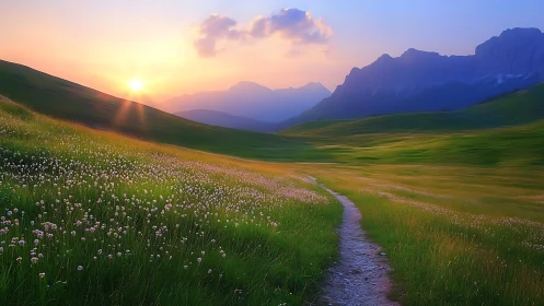 Sunlit alpine meadow path with distant blue mountain ridge