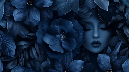 Monochromatic Blue Sculptural Female Form Surrounded by Layered Floral Elements and Petals