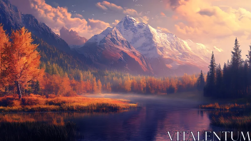 Golden autumn valley unfolds beneath dramatic snow peaks