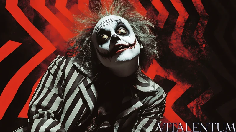 Striped-suited ghoul with smeared makeup on zigzag red backdrop