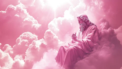 Praying robed figure rests in radiant pink heavenlike clouds.