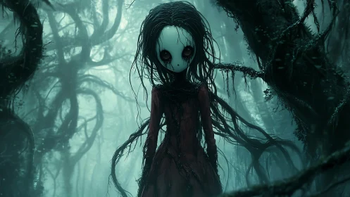 Dark doll figure standing in eerie misty forest scene.