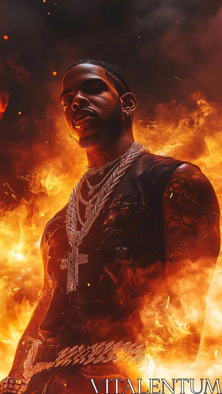 Man in Ornate Robes Surrounded by Inferno Flames.