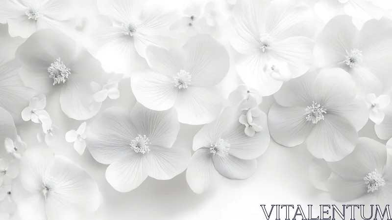 Ethereal White Floral Composition with Delicate Petals and Radiating Stamen Detail.