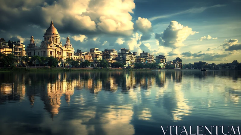 Historic domed waterfront cityscape under dramatic clouds.