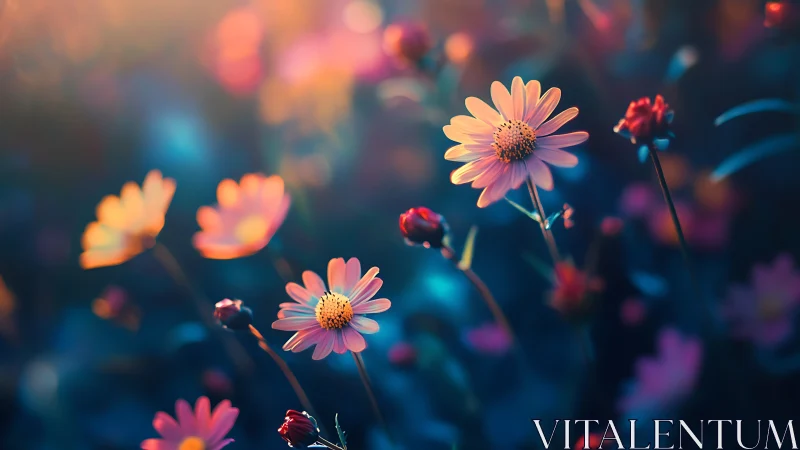 Neon Daisies Blooming in Twilight Haze.