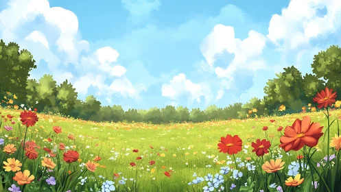 Wildflower meadow stretches under bright summer sky