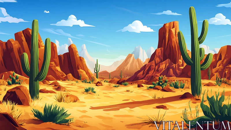 Sunlit desert canyon with friendly towering cacti all around.