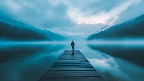 Solitary figure on lakeside pier studies misted mountain horizon