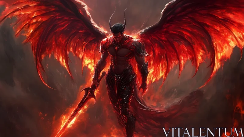 Infernal winged warrior with flaming sword in lava haze.