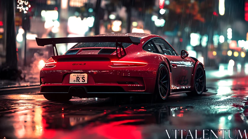 Scarlet GT3 sports car idling on neon soaked city street.