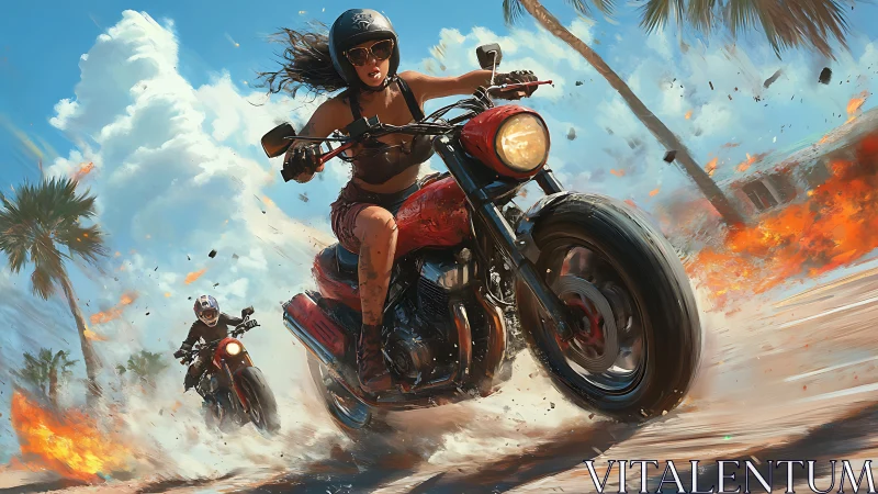 Motorcycle chase blazes across a sunlit coastal firestorm