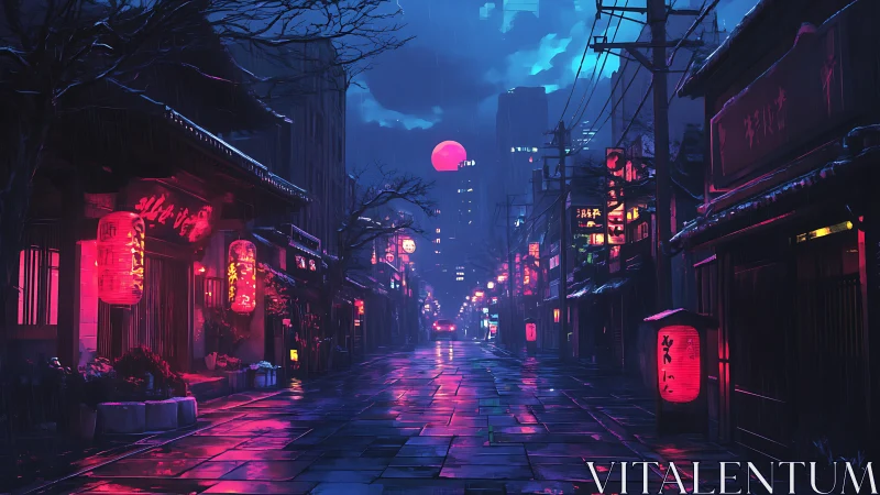 Neon night street glowing softly beneath a distant pink moon.