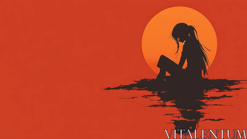 Silhouetted girl in reflective solitude beneath scarlet sun.