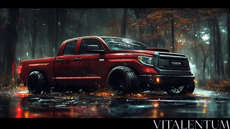 Lowered red pickup truck dominates a rain-soaked forest road