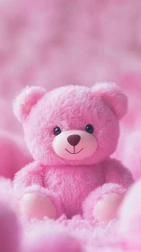 Pink plush teddy bear on soft blurred pastel background.