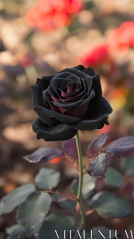 Velvety black rose in shallow-focus garden portrait.