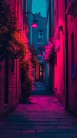Neon-lit urban alleyway with magenta cyan contrast lighting.