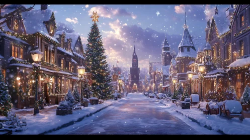 Snow covered town street shows illuminated Christmas decorations