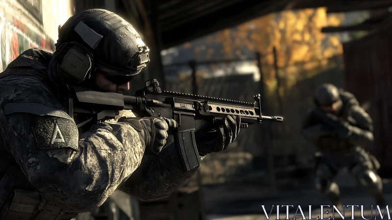 Tactical soldier aiming rifle in cinematic urban firefight.