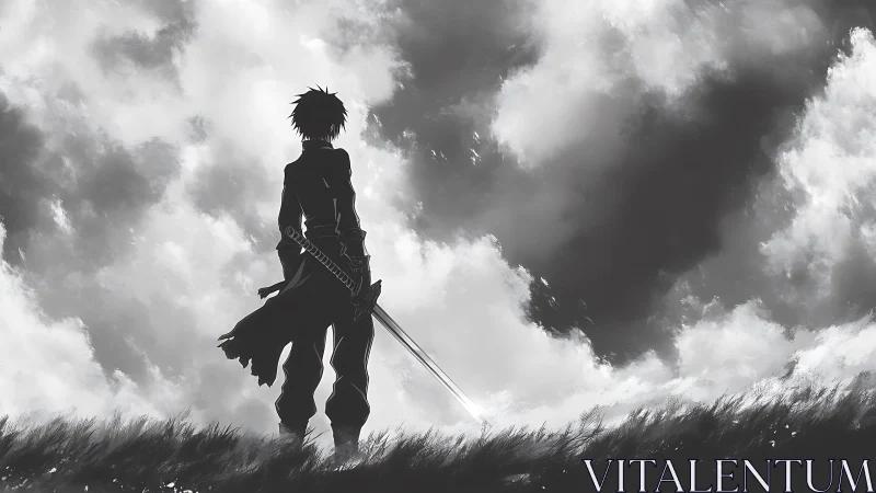Silhouetted swordsman stands in tall grass beneath storm clouds