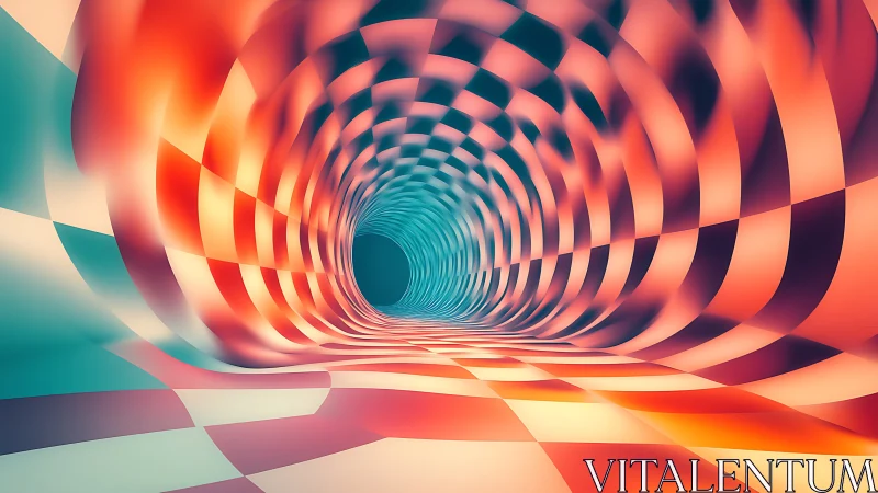 Chromatic tunnel of warped checkerboards in kinetic bloom.