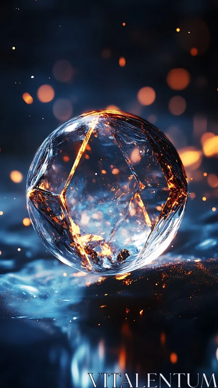 Crystal sphere holds molten fire over cold blue haze.