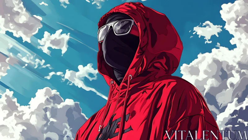 Skybound hooded drifter in blazing red under racing clouds.