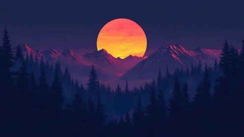 Vivid neon sun descends behind sharp alpine mountain ridge