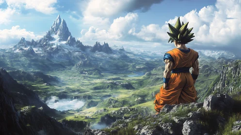 Saiyan warrior overlooks vast alpine fantasy valley