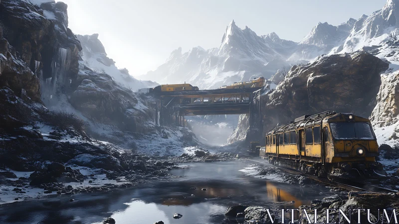 Rustic yellow trains cross a frozen mountain gorge at dawn.